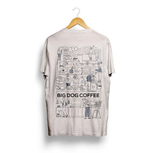 Cargar imagen en el visor de la galería, T-shirt with 'Big Dog Coffee' graphic design on a hanger against a white background (back)
